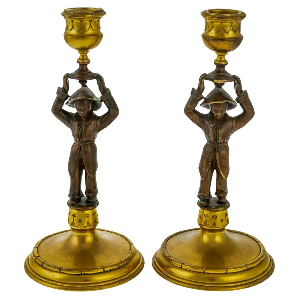 20th-C. Regency Style Chinoiserie Bronze / Brass Candlesticks W/ Faux Bamboo S/2 For Sale