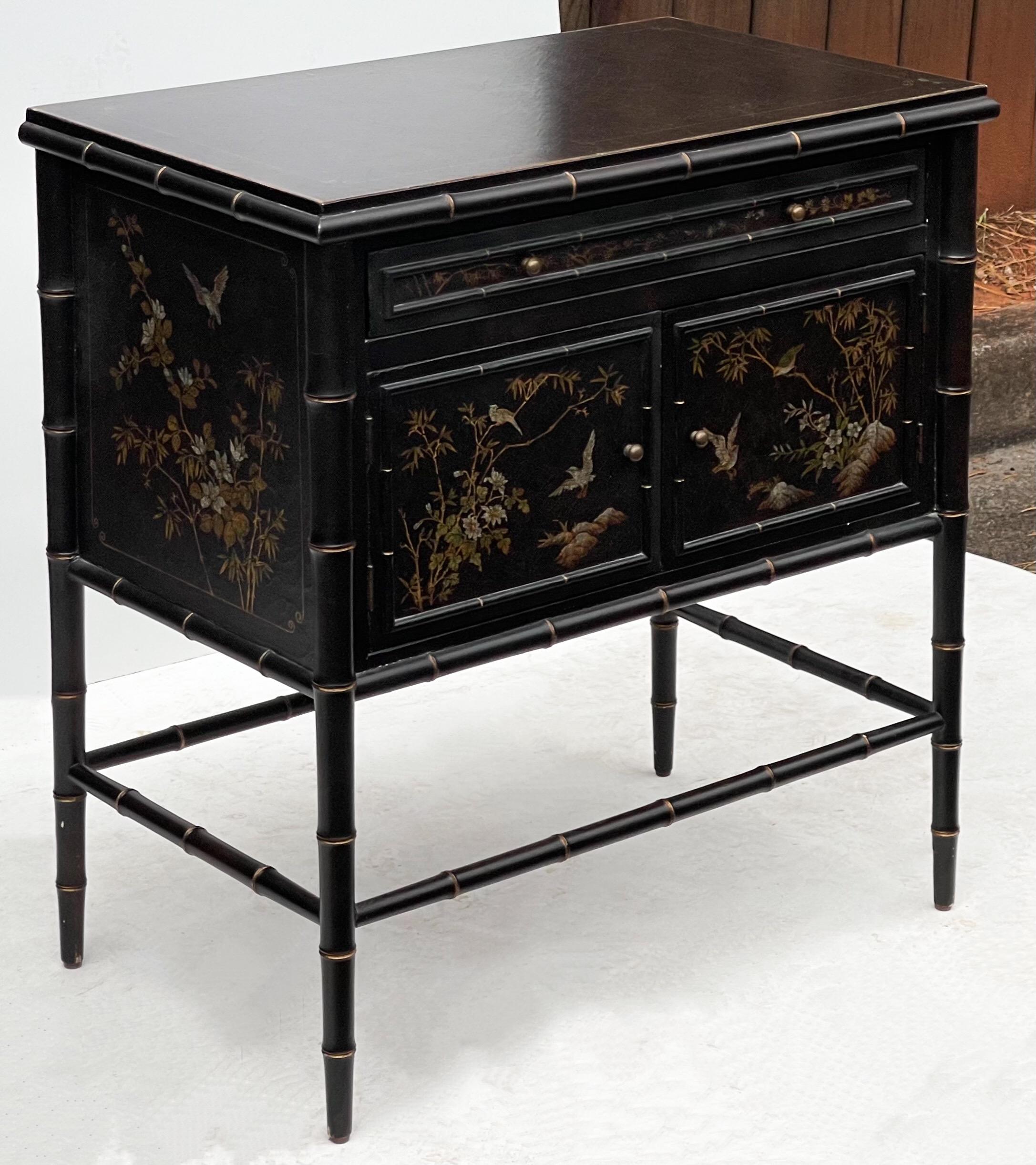 American 20th-C. Regency Style Faux Bamboo and Chinoiserie Cabinets by Hickory Chair, S/2