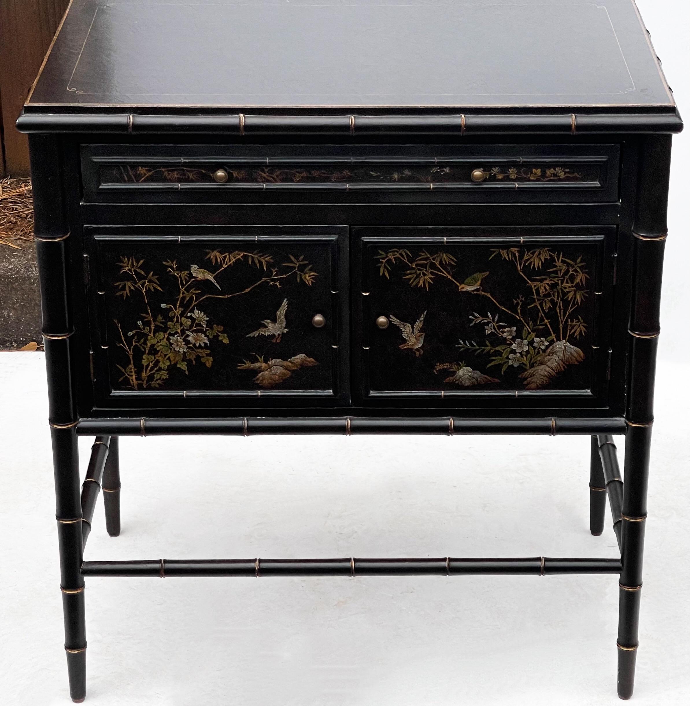 20th-C. Regency Style Faux Bamboo and Chinoiserie Cabinets by Hickory Chair, S/2 In Good Condition In Kennesaw, GA