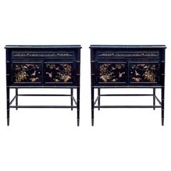 20th-C. Regency Style Faux Bamboo and Chinoiserie Cabinets by Hickory Chair, S/2