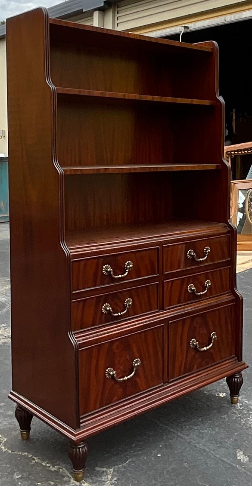 American 20th Century Regency Style Flame Mahogany and Brass Bookcases Pair