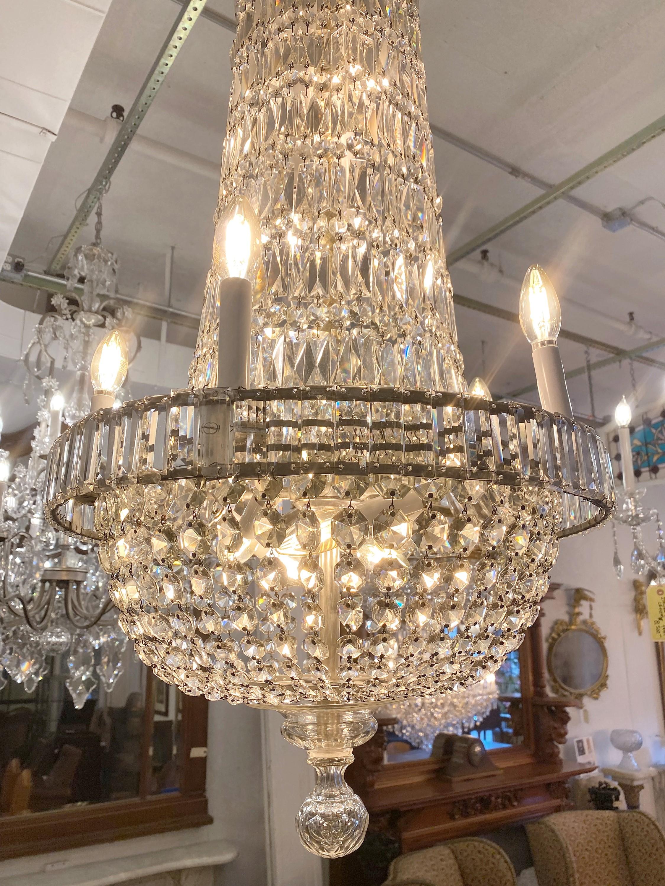 20th C Restored Empire 5 Arm Crystal Basket Chandelier In Good Condition For Sale In New York, NY