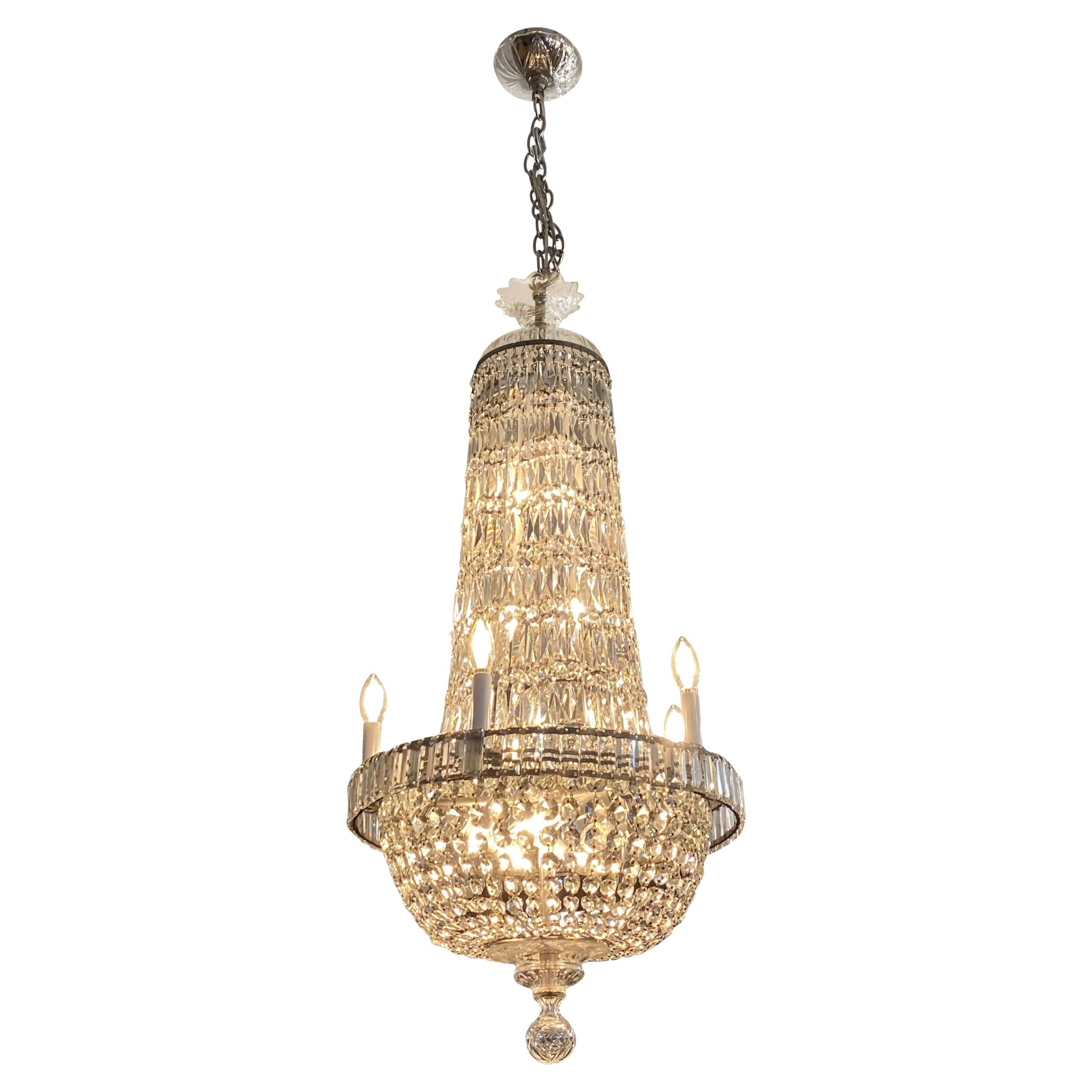 20th C Restored Empire 5 Arm Crystal Basket Chandelier