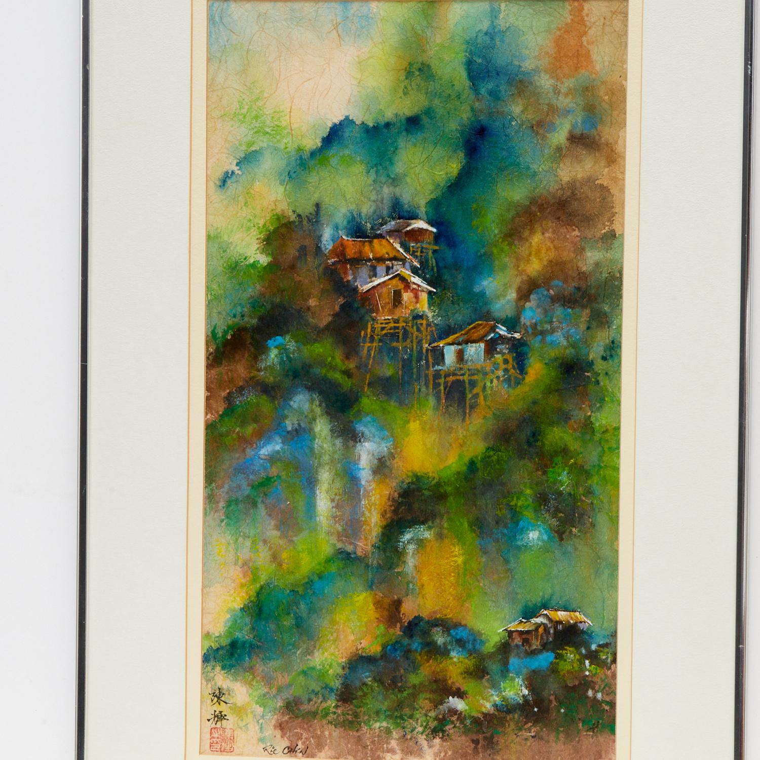 Ric Chin (1935-2022, Chinese/American), Houses in Landscape, a watercolor on textured paper, signed lower left, matted and framed under glass. 

The jewel tones of emerald green, sapphire blue and amber in this watercolor are vivid and striking. The
