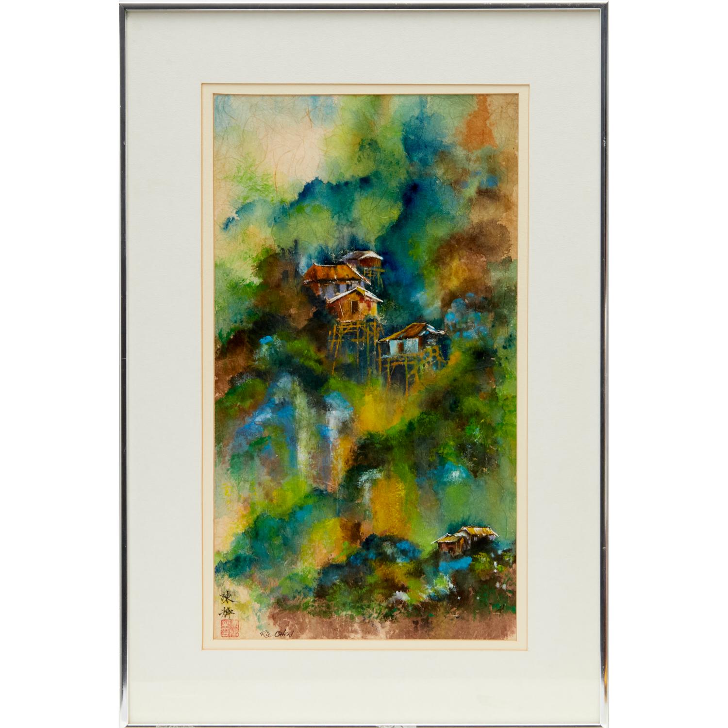 20th C. Ric Chin, Watercolor on Paper, Houses in Landscape In Good Condition In Morristown, NJ
