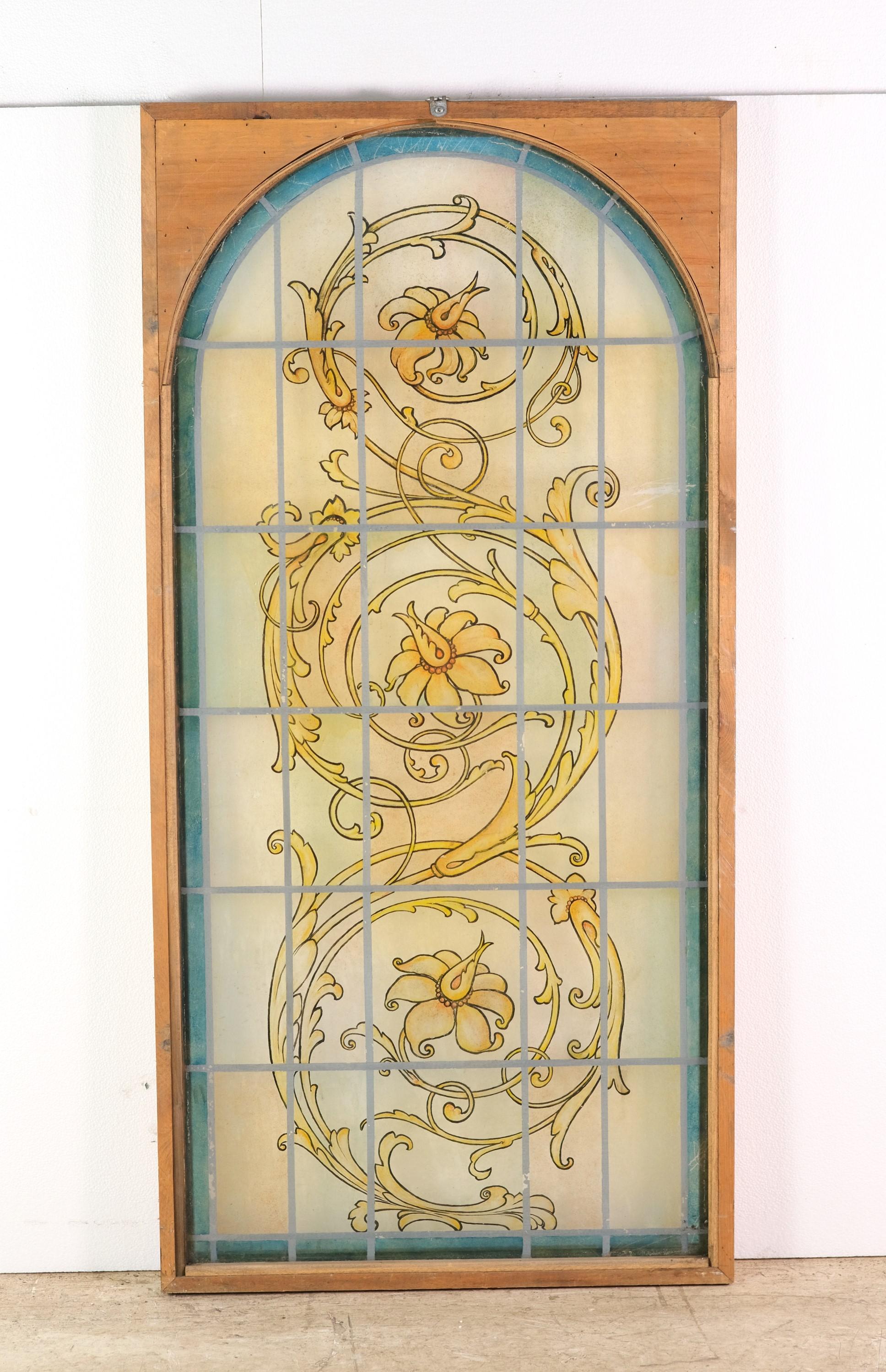 20th Century 20th C Roman Arched Faux Painted Stained Glass Window