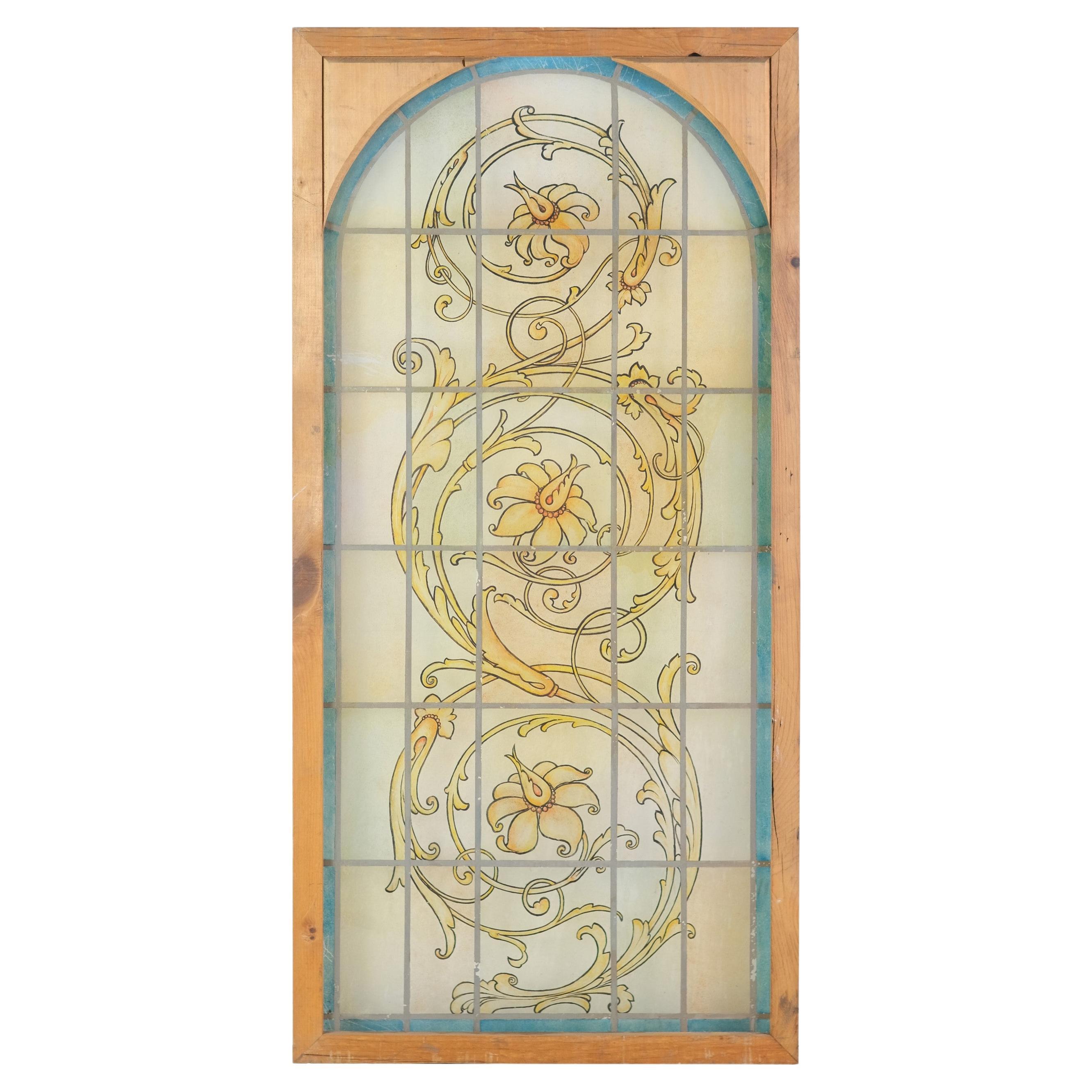 20th C Roman Arched Faux Painted Stained Glass Window