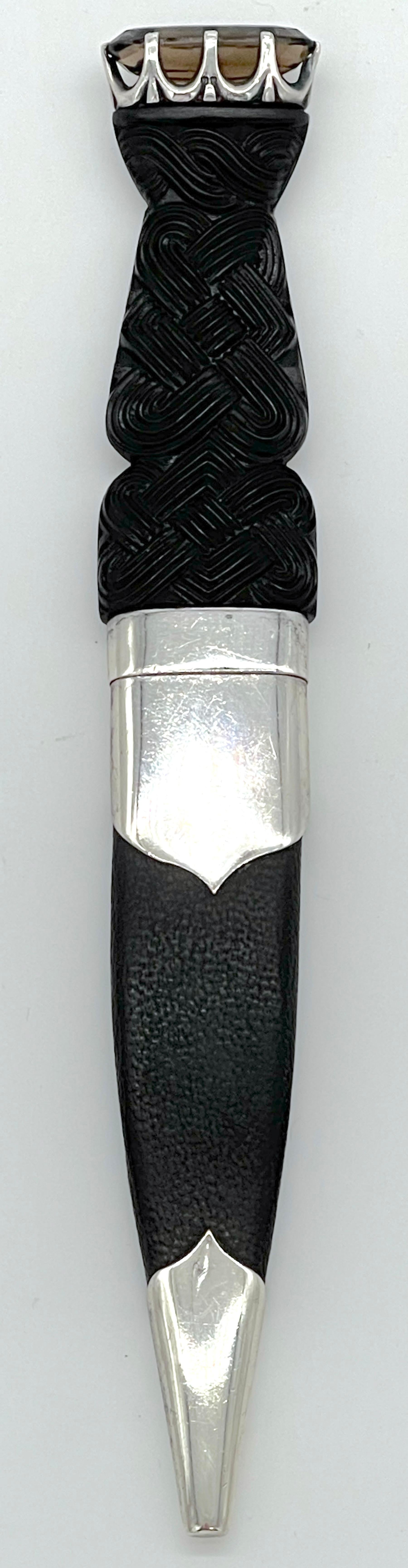 20th C. Scottish Sterling & Carved Celtic Knot Bog Wood Dirk with Topaz In Good Condition For Sale In West Palm Beach, FL