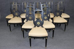 20th C. Set 12 Jansen Ebonized Louis XVI Style Lyre Back Dining Chairs