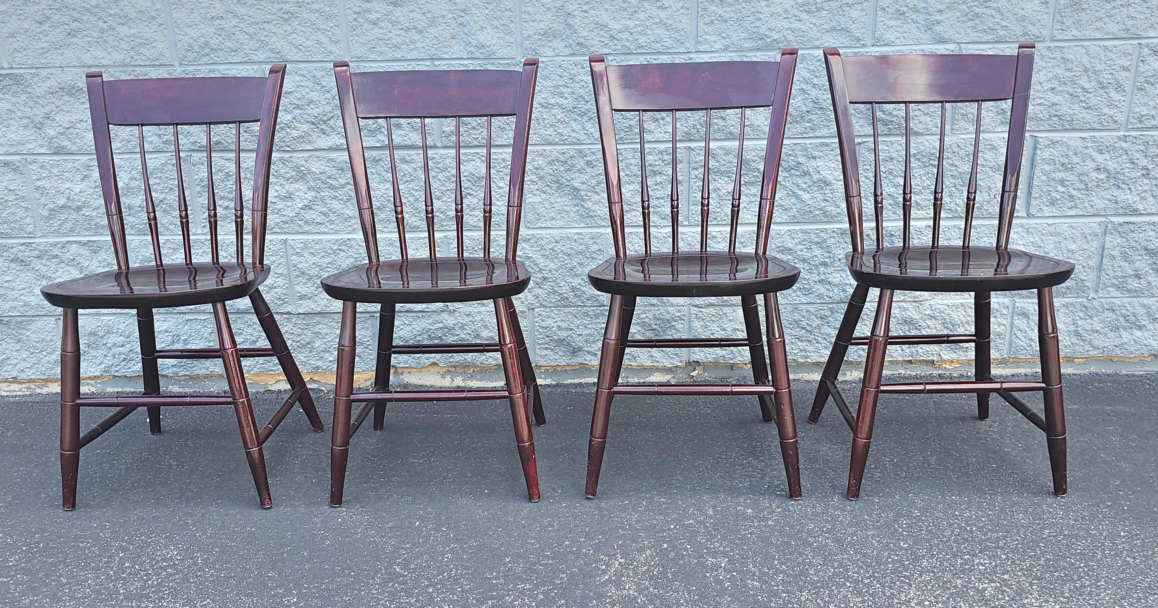 Late 20th Century Set of Four Nichols and Stone Mahogany Windsor Style Side Chairs manufactured by Stickley in Manlius New York. Great vintage condition with clean line, solid wood patina. Absolutely gorgeous.
