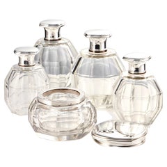 20th C Set of Silver Art Deco Dressing Table Perfume Bottles France, Circa 1920
