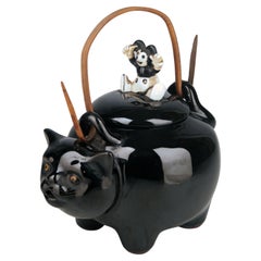 20th C./Shōwa Era Japanese Glazed Porcelain Teapot of Black Cat with Mouse Lid