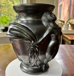 20th C. Signed Jean Marais Pewter Finished Terracotta Vase of Two Nudes inc Book