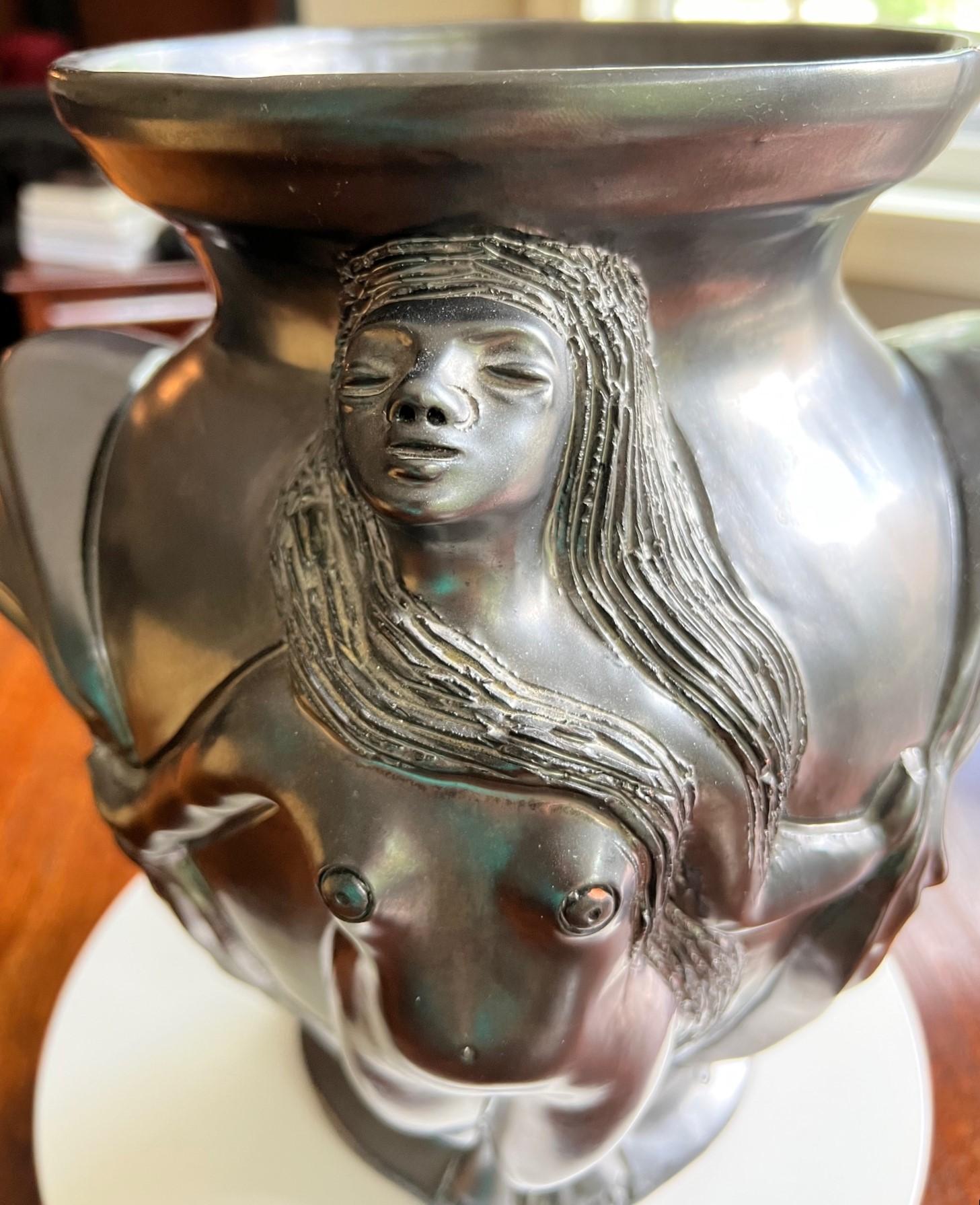 Art Deco 20th C. Signed Jean Marais Pewter Finished Terracotta Vase of Two Nudes inc Book For Sale