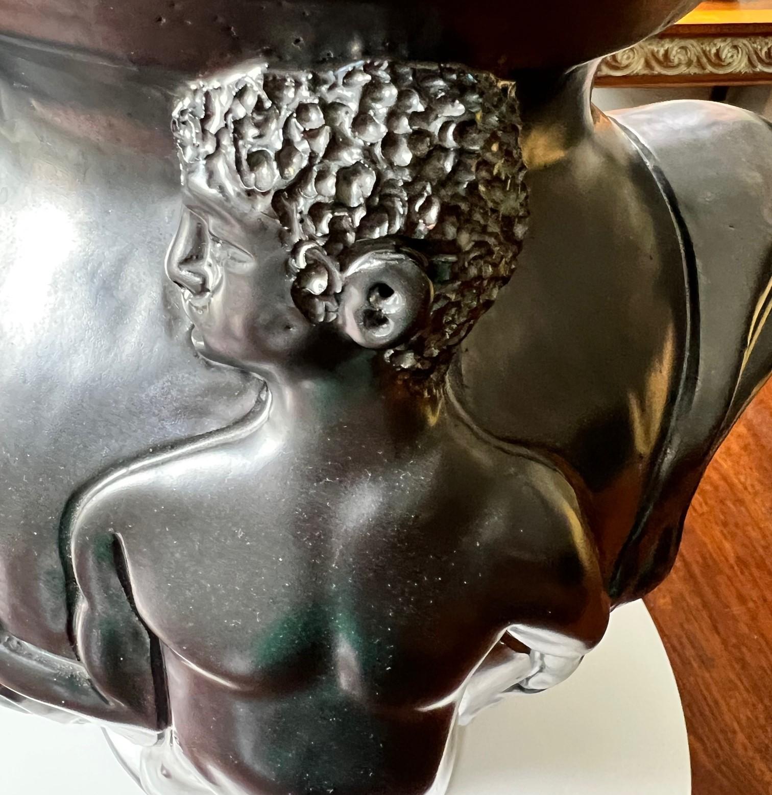 Fired 20th C. Signed Jean Marais Pewter Finished Terracotta Vase of Two Nudes inc Book For Sale
