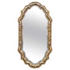 20th-C. Silver and Gold Giltwood Hand Painted Chinoiserie Mirror with Birds