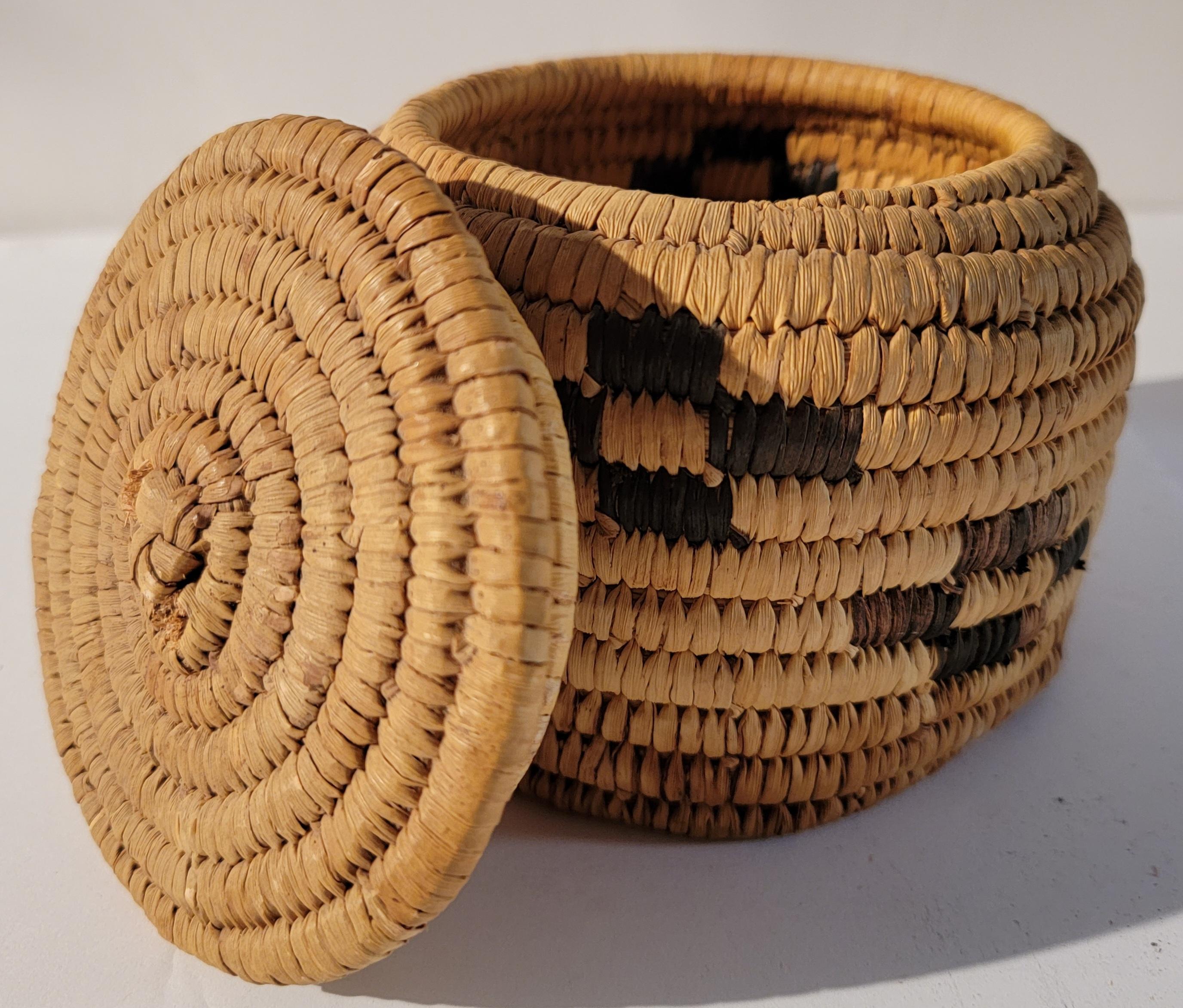 20th C small Papago basket lidded jar.
Great condition.