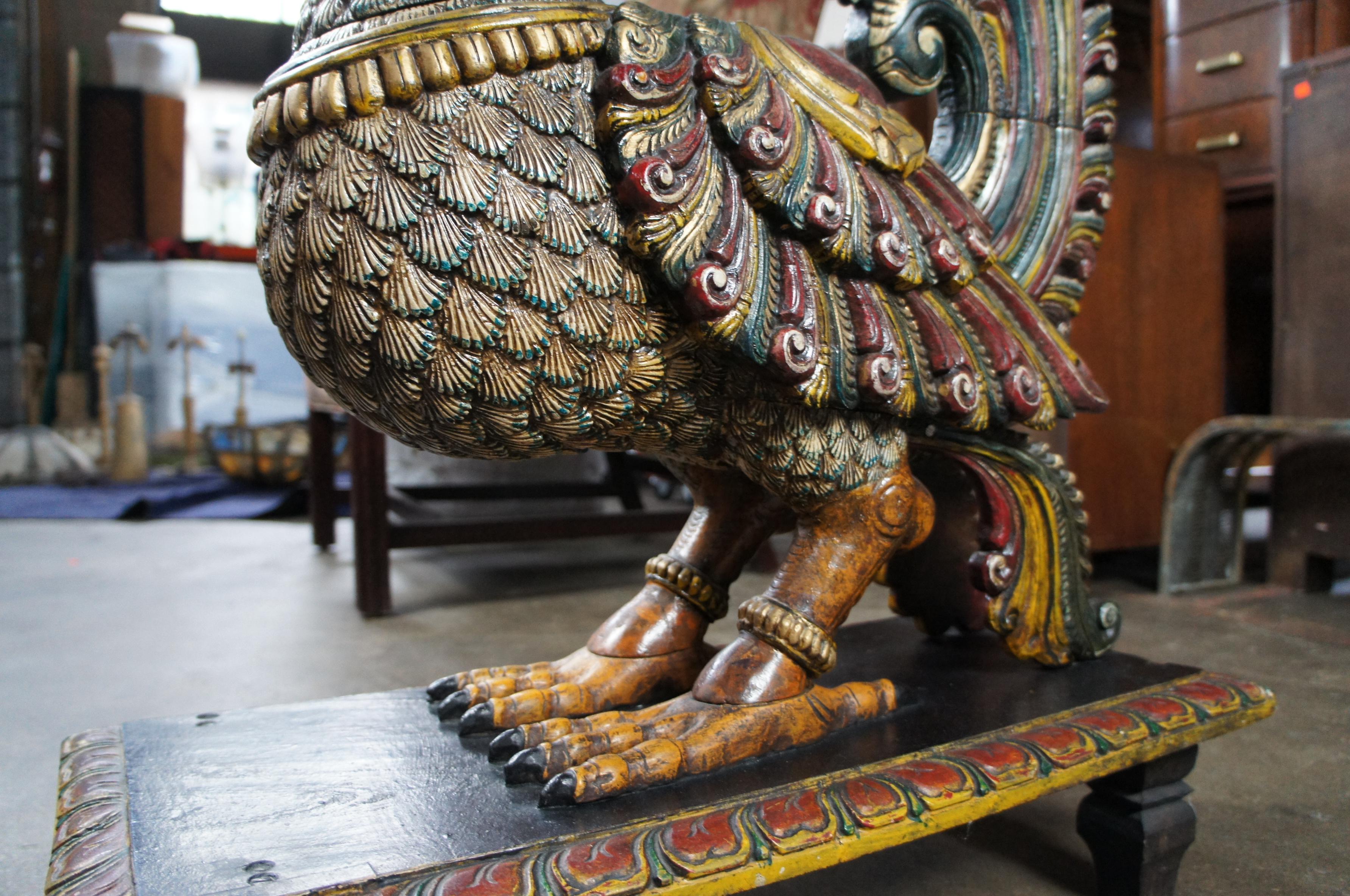 Hardwood 20th C. South Indian Life Sized Carved Peacock Sculpture Statue Folk Art For Sale