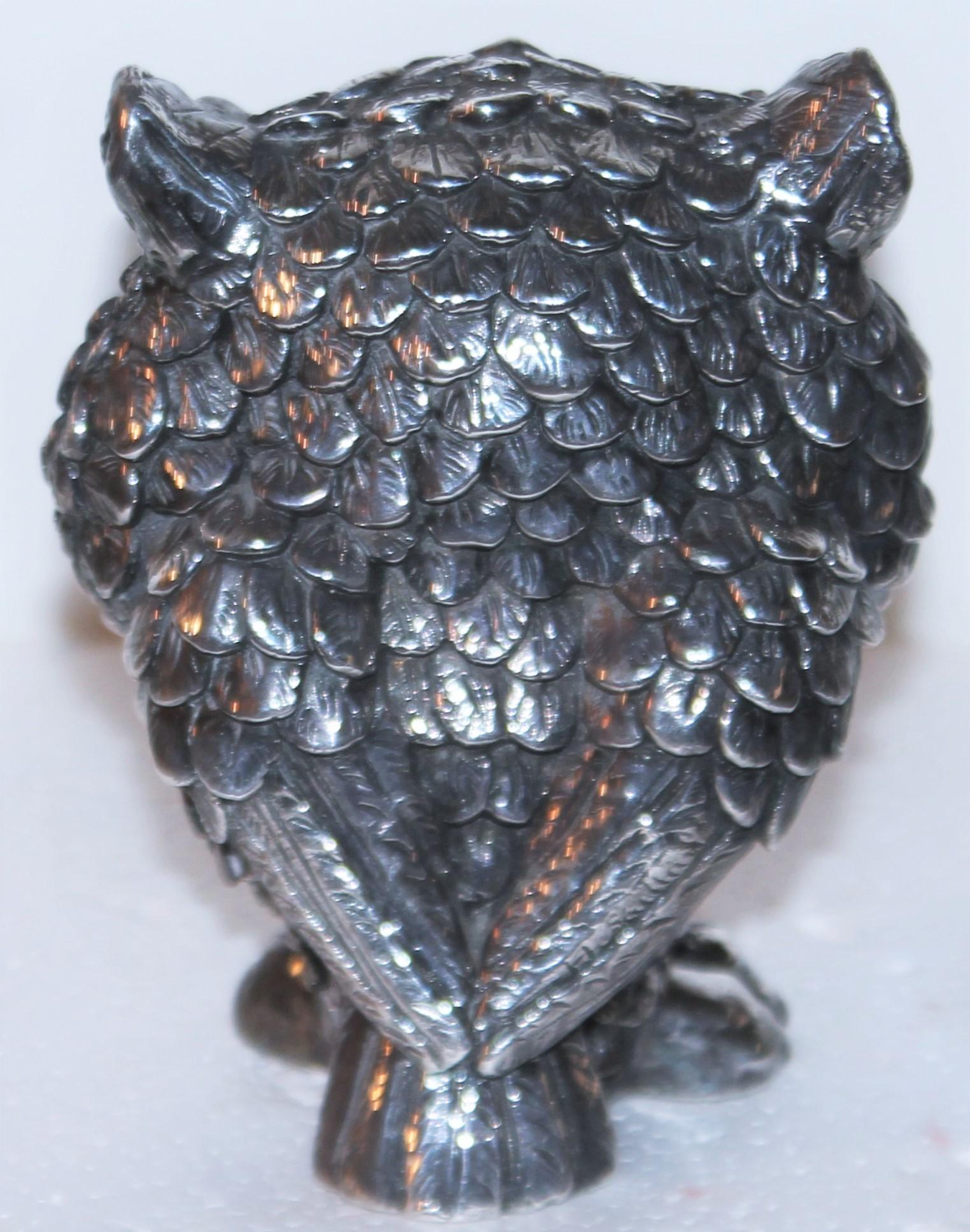 20th C Sterling silver owl Sculpture. Marked 925 and Signed.
