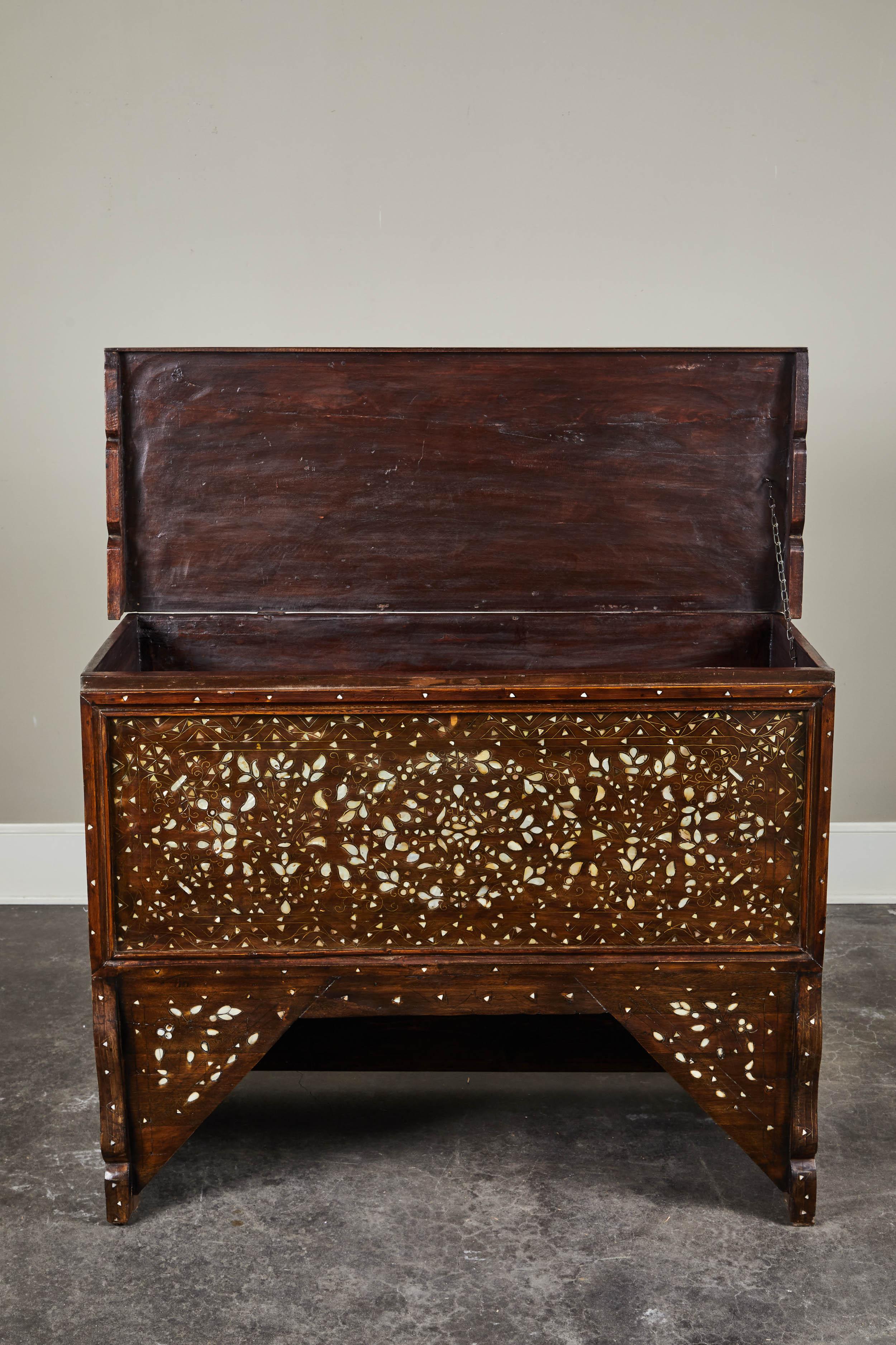 20th Century  Syrian Mother of Pearl Inlaid Wedding Chest In Good Condition In Pasadena, CA
