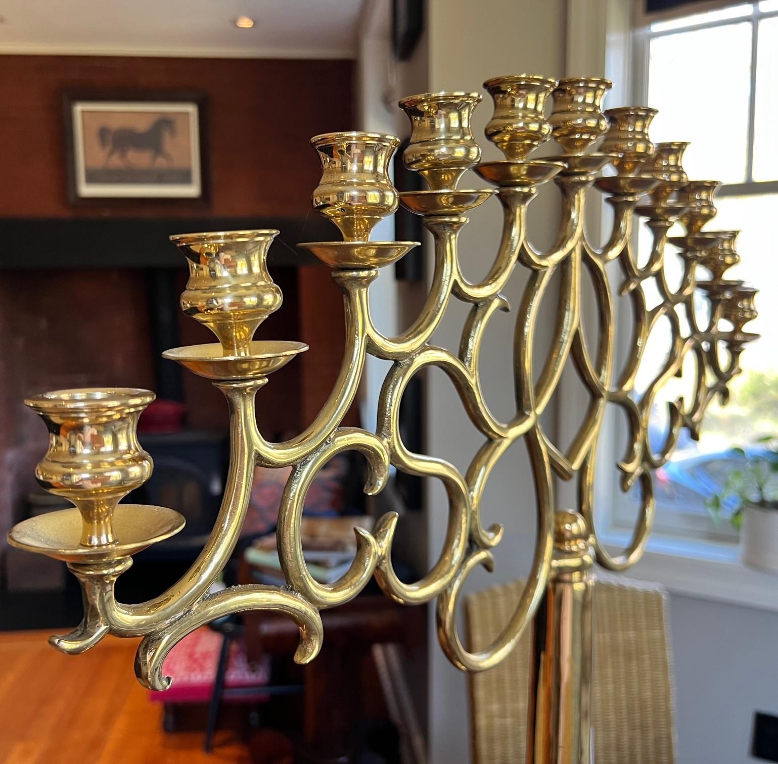 Mid-Century Modern 20th Century Tall Brass Eleven-Light Candelabrum in the Style of Paavo Tynell For Sale