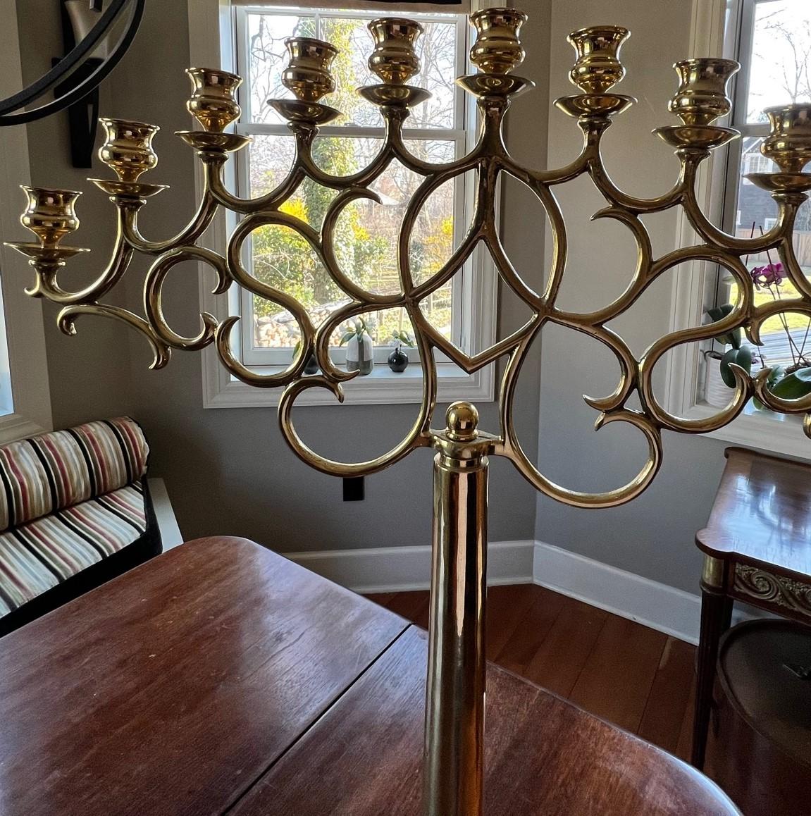 Cast 20th Century Tall Brass Eleven-Light Candelabrum in the Style of Paavo Tynell For Sale