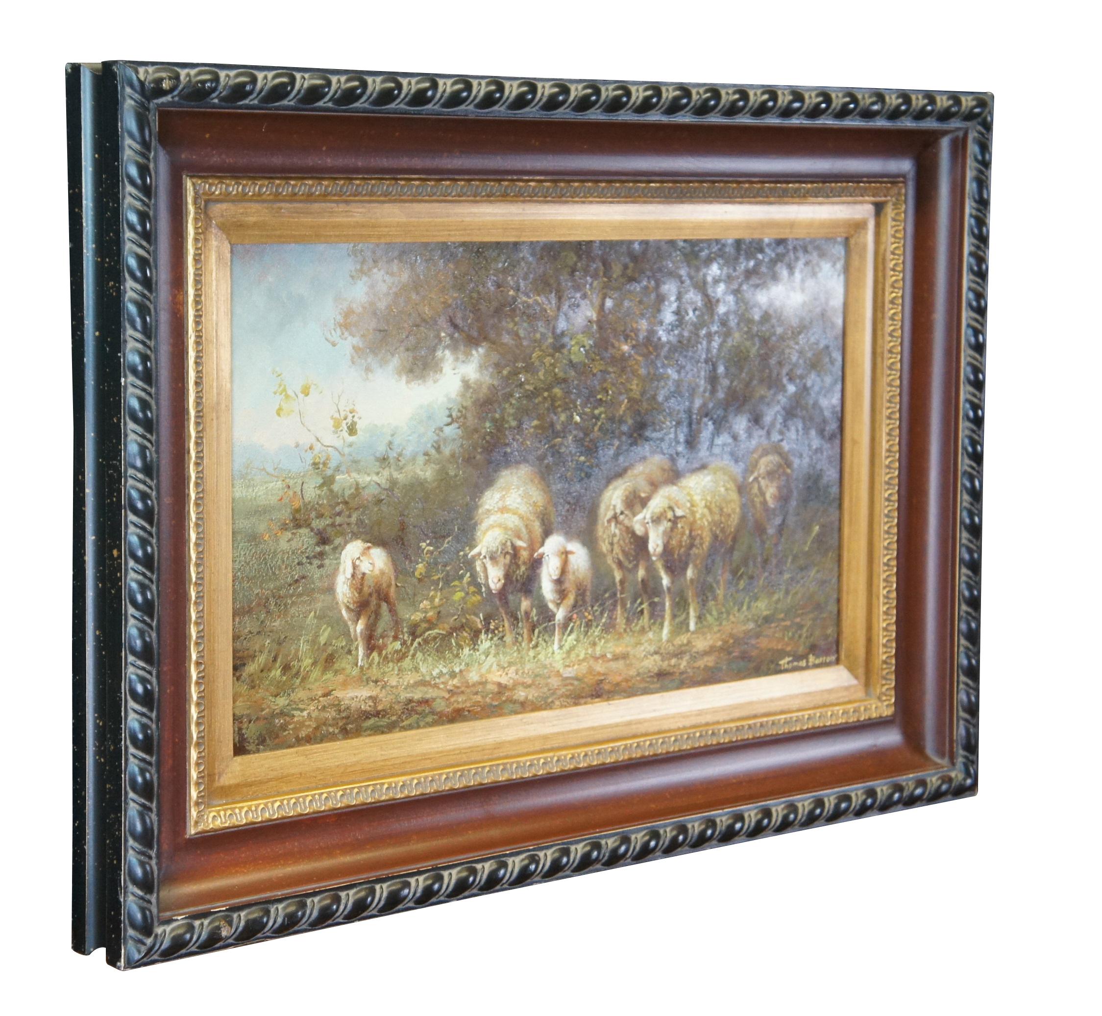 An impressive oil painting depicting a pastoral flock of grazing sheep by Thomas Barron.  Impressionism at is finest with vivid detail and color.  The canvas is signed lower right.  Framed in pine with gold egg and dart molding, beveled interior and