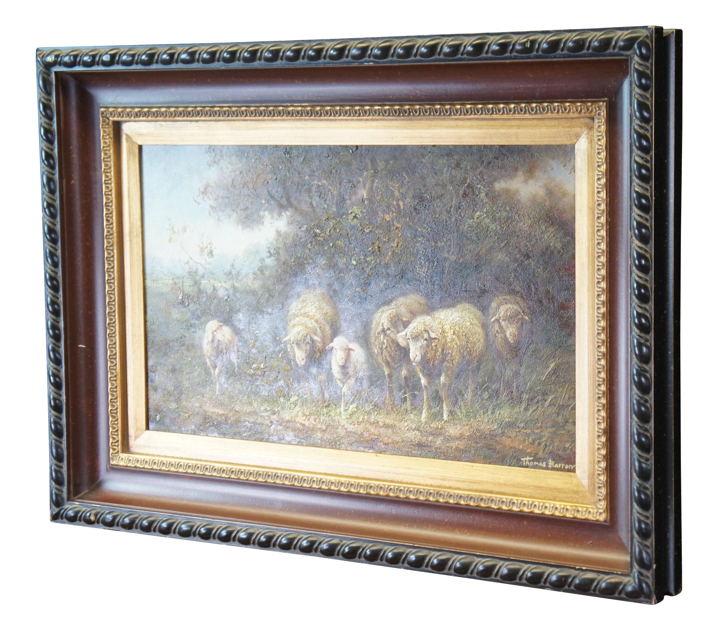20th C. Thomas Barron Impressionist Pastoral Sheep Landscape Oil Painting Framed In Good Condition In Dayton, OH