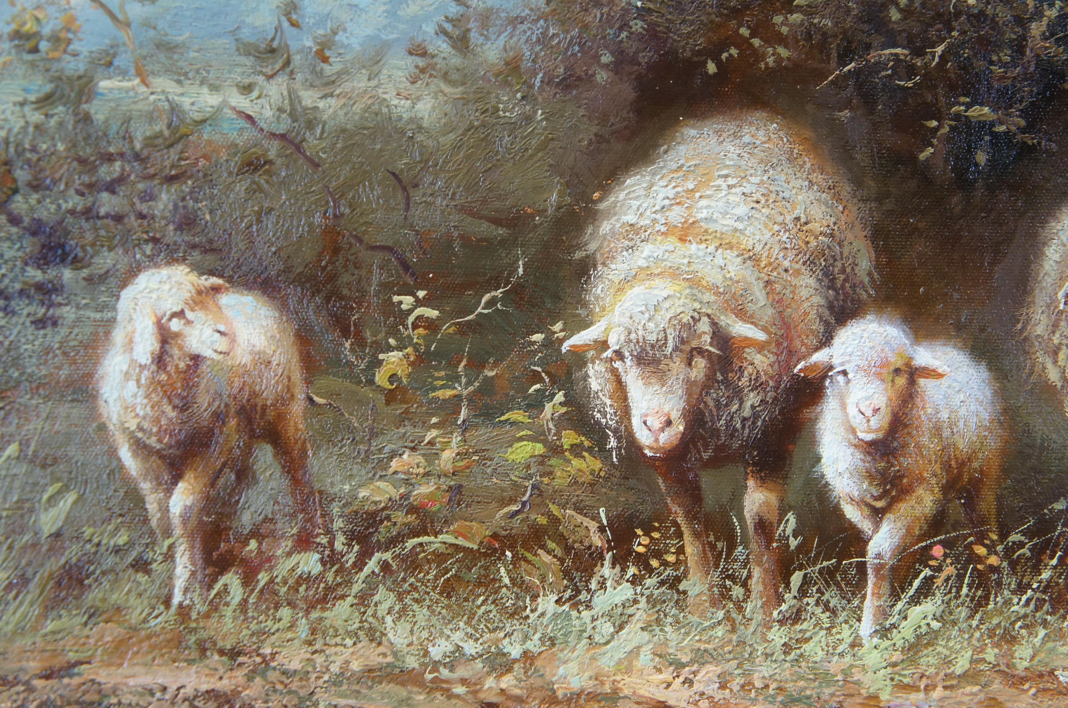 20th C. Thomas Barron Impressionist Pastoral Sheep Landscape Oil Painting Framed 3