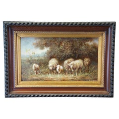 20th C. Thomas Barron Impressionist Pastoral Sheep Landscape Oil Painting Framed