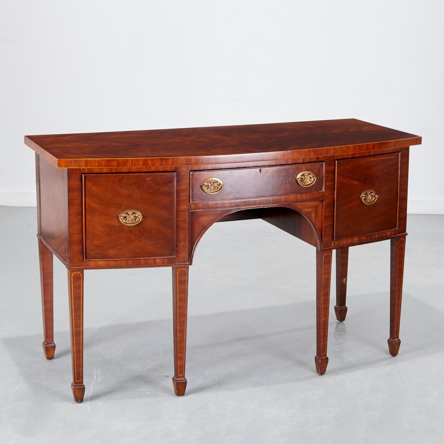 20th C. Three Drawer Georgian Style Mahogany Sideboard with Inlaid Stringing For Sale 1