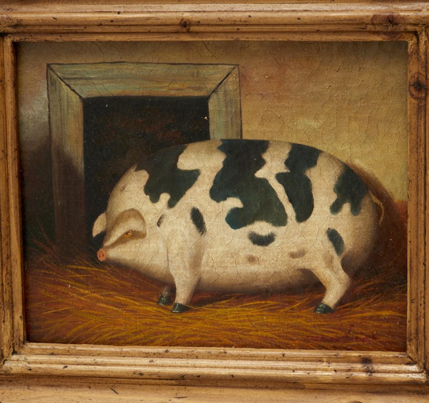Trevor James (American, 20th c.), Fatted Gloucestershire Old Spot pig, signed lower right, in a rustic style frame,

The artist styles his modern creations to have the look and feel of a 19th c. masterpiece. His attention to detail shows in his work