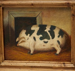 20th c. Trevor James Oil on Canvas, Gloucestershire Old Spot Pig in Rustic Frame