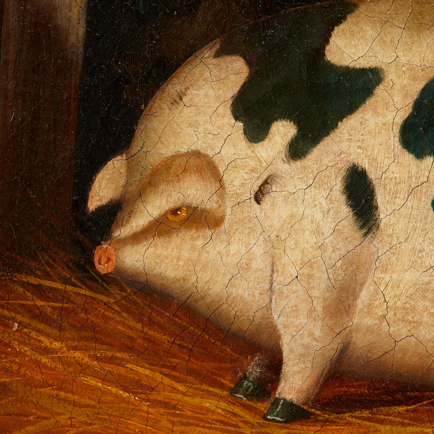 Hand-Painted 20th c. Trevor James Oil on Canvas, Gloucestershire Old Spot Pig in Rustic Frame