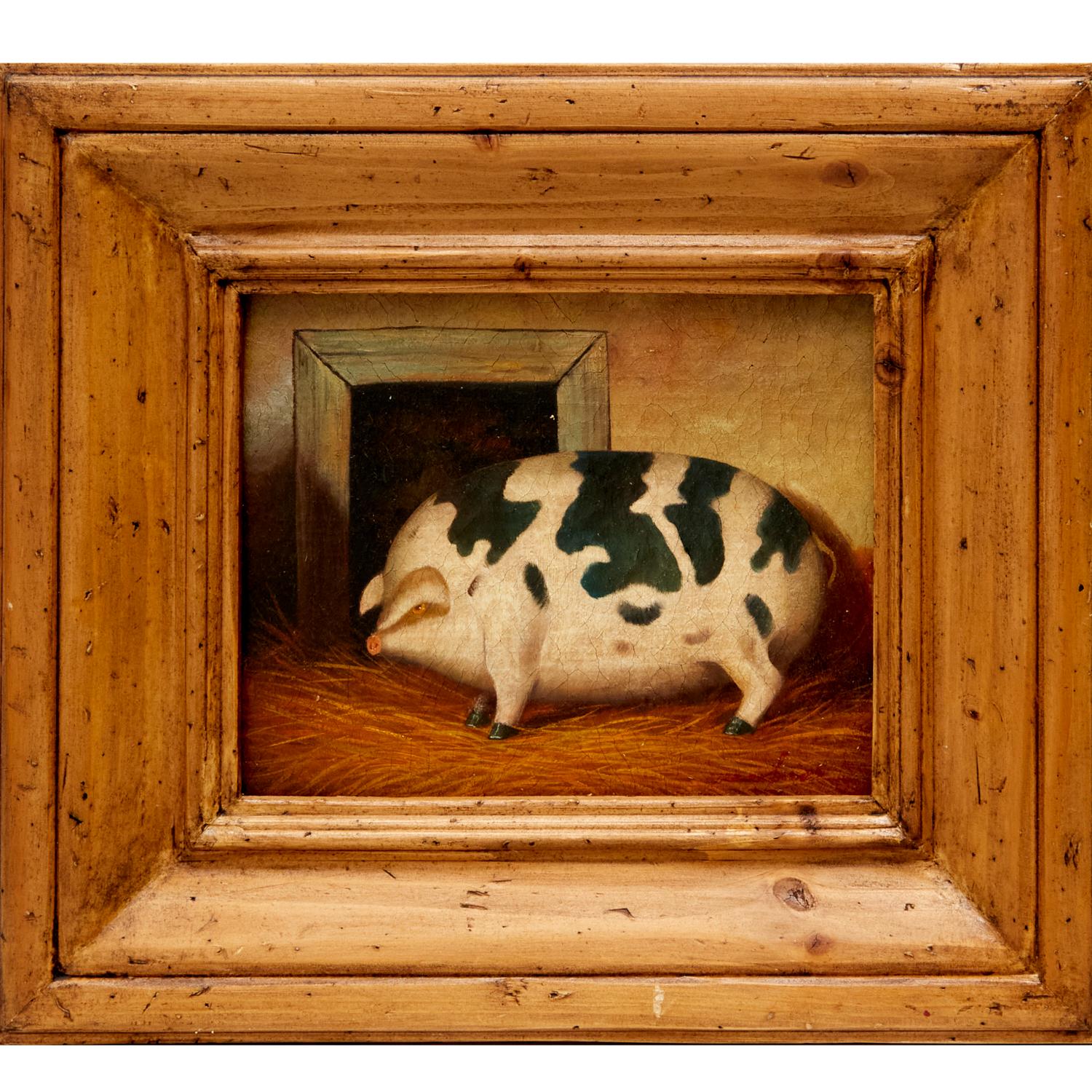 20th c. Trevor James Oil on Canvas, Gloucestershire Old Spot Pig in Rustic Frame 1