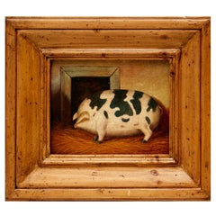 20th c. Trevor James Oil on Canvas, Gloucestershire Old Spot Pig in Rustic Frame