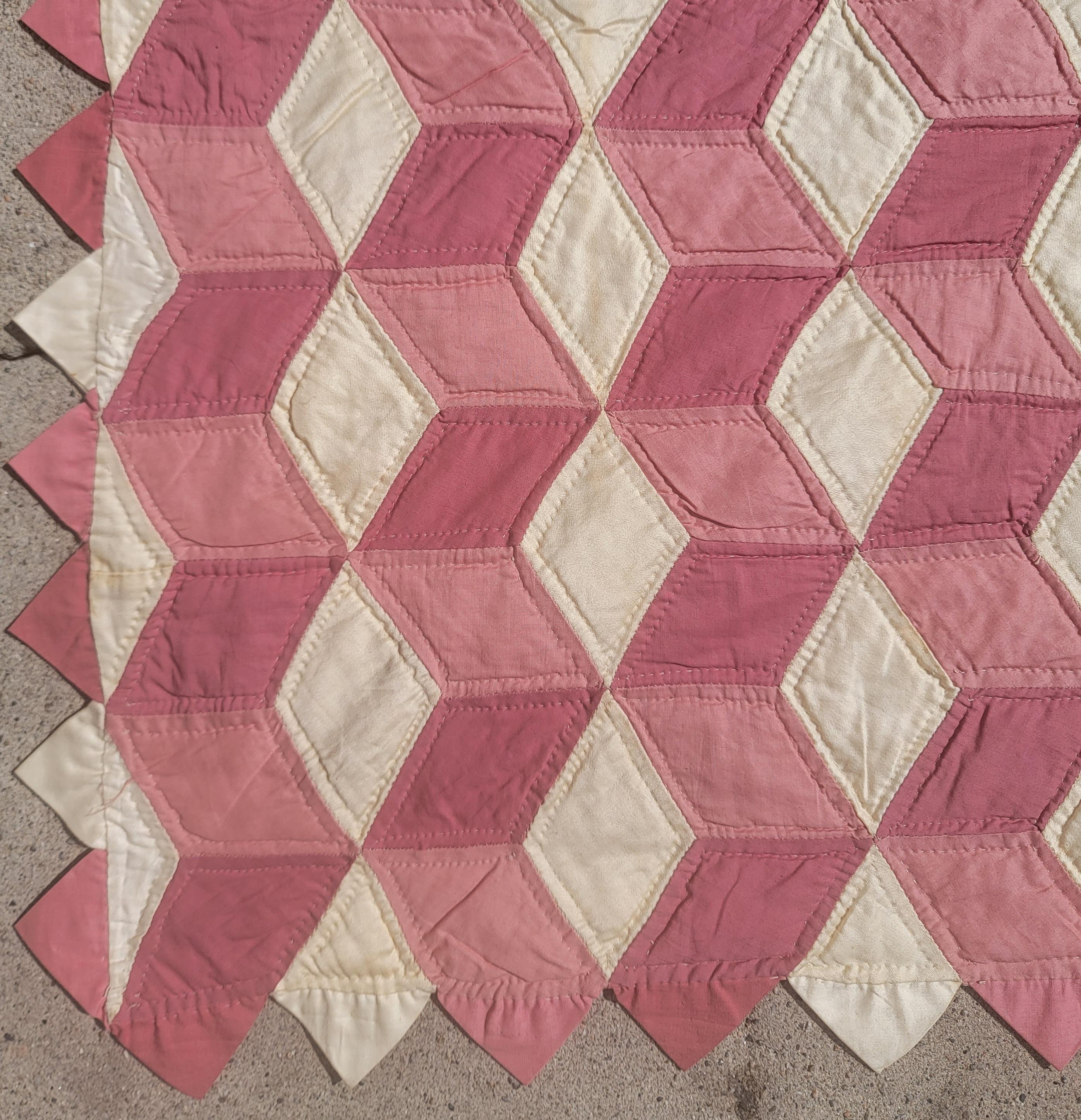 Beautiful 19th C Tumbling blocks pink and white polished cotton Quilt. 
Great condition! This fine polished cotton quilt has very nice piecing and quilting.