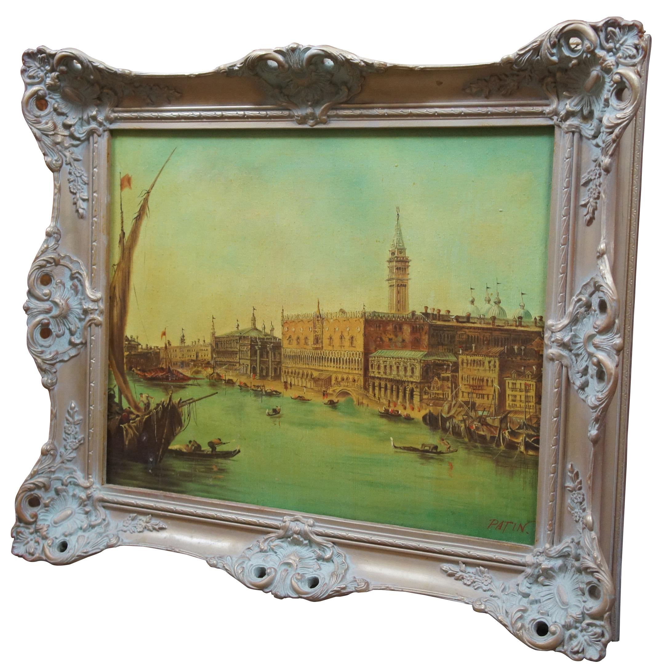 20th century glimpse of the canal in Venice Italy. Depicts various boats and gondolas docking in the harbor. Signed Patin lower right. The beautiful historic architecture of Venice seen in full display along the right side.
   