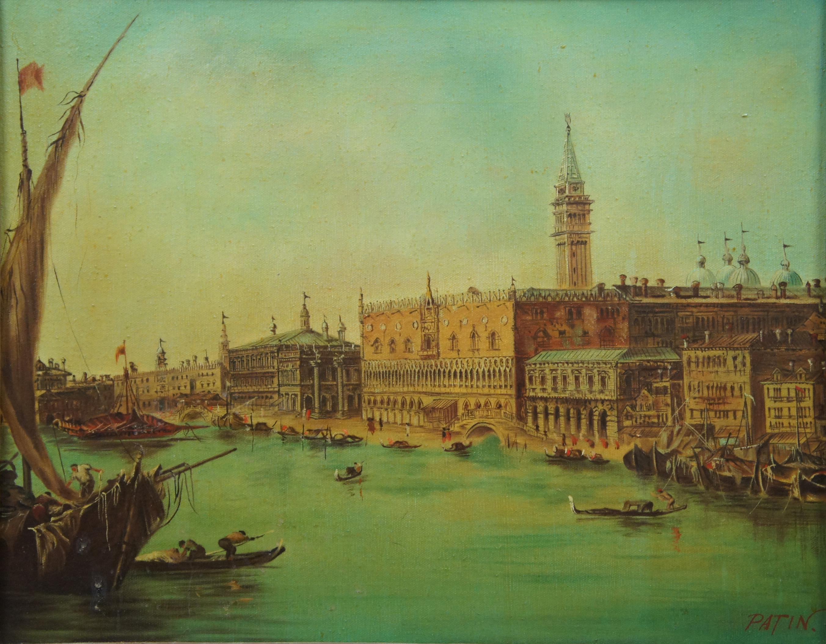 20th Century Venice Italy Patin Impressionist Cityscape Oil Painting Canal Gondola