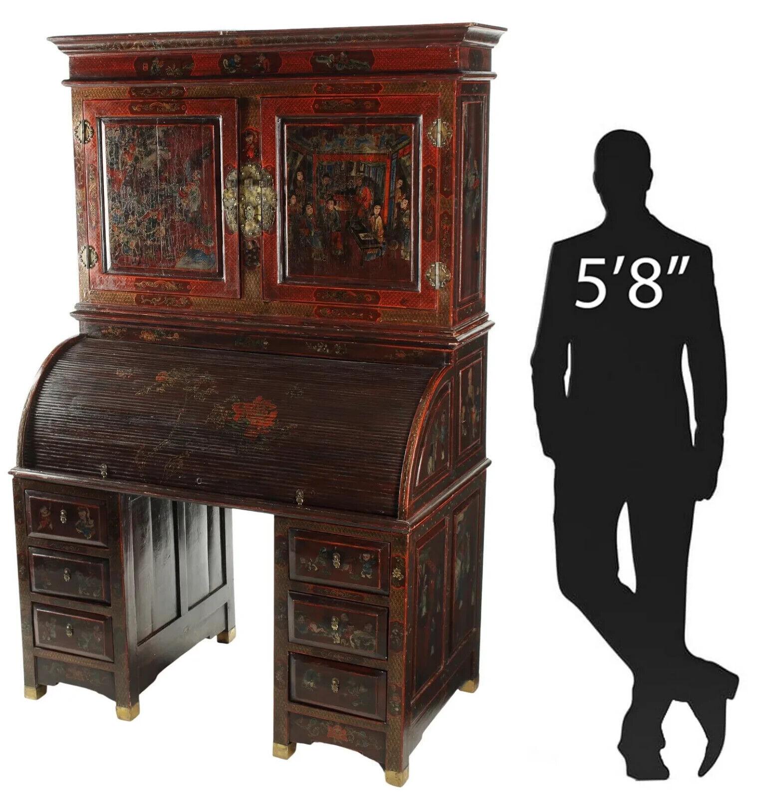 Exportation chinoise Bureau vintage/ancien du 20ème siècle, bibliothèque, chinoise, peinte en rouge  Bureau à roulettes en vente