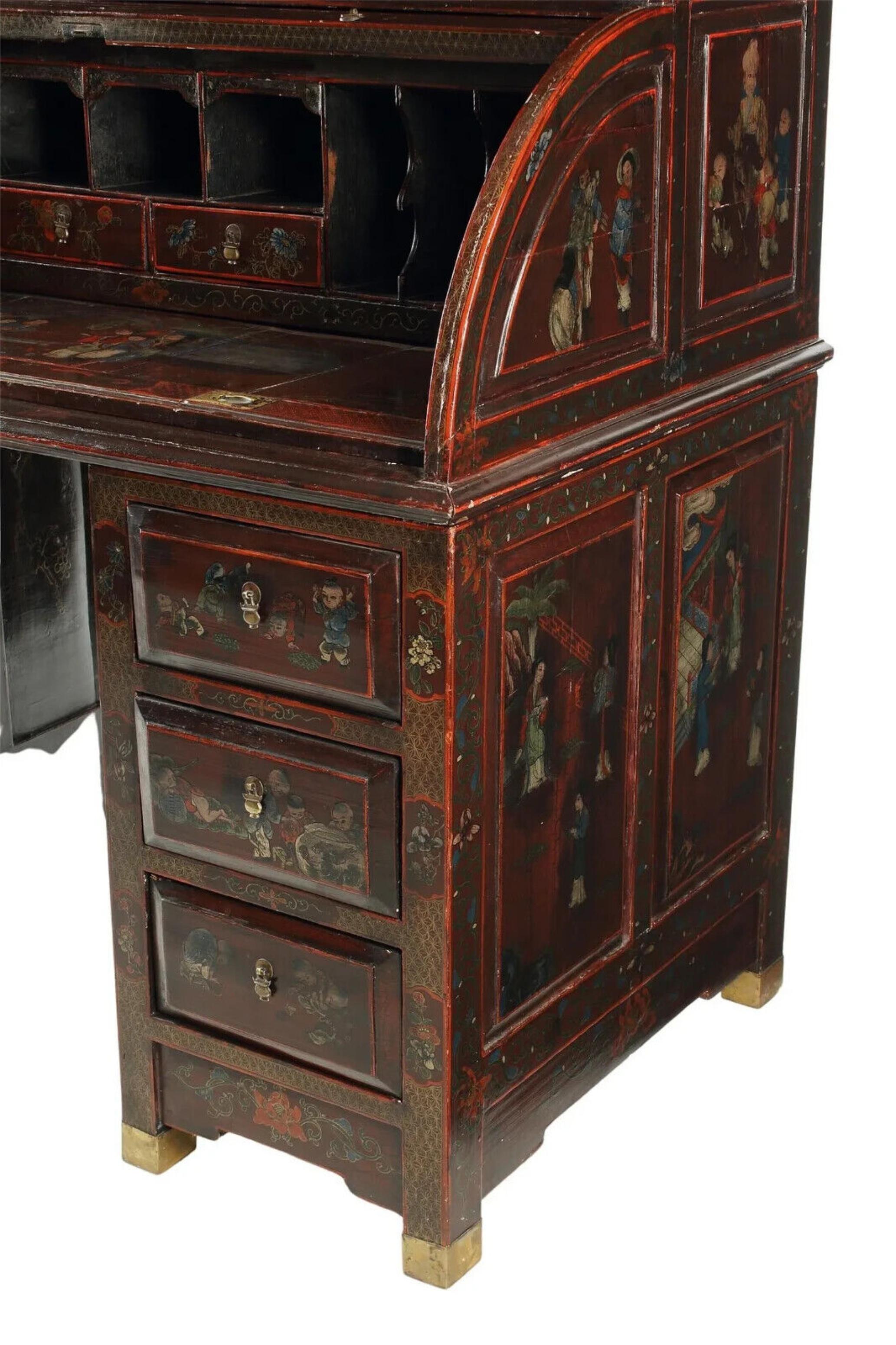 Bureau vintage/ancien du 20ème siècle, bibliothèque, chinoise, peinte en rouge  Bureau à roulettes en vente 1