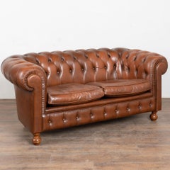 20th C. Vintage Brown Leather Chesterfield 2 Seat Sofa Loveseat from Denmark