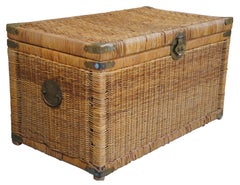 20th C. Vintage Chinoiserie Wicker Brass Blanket Chest Trunk Hamper Boho Chic