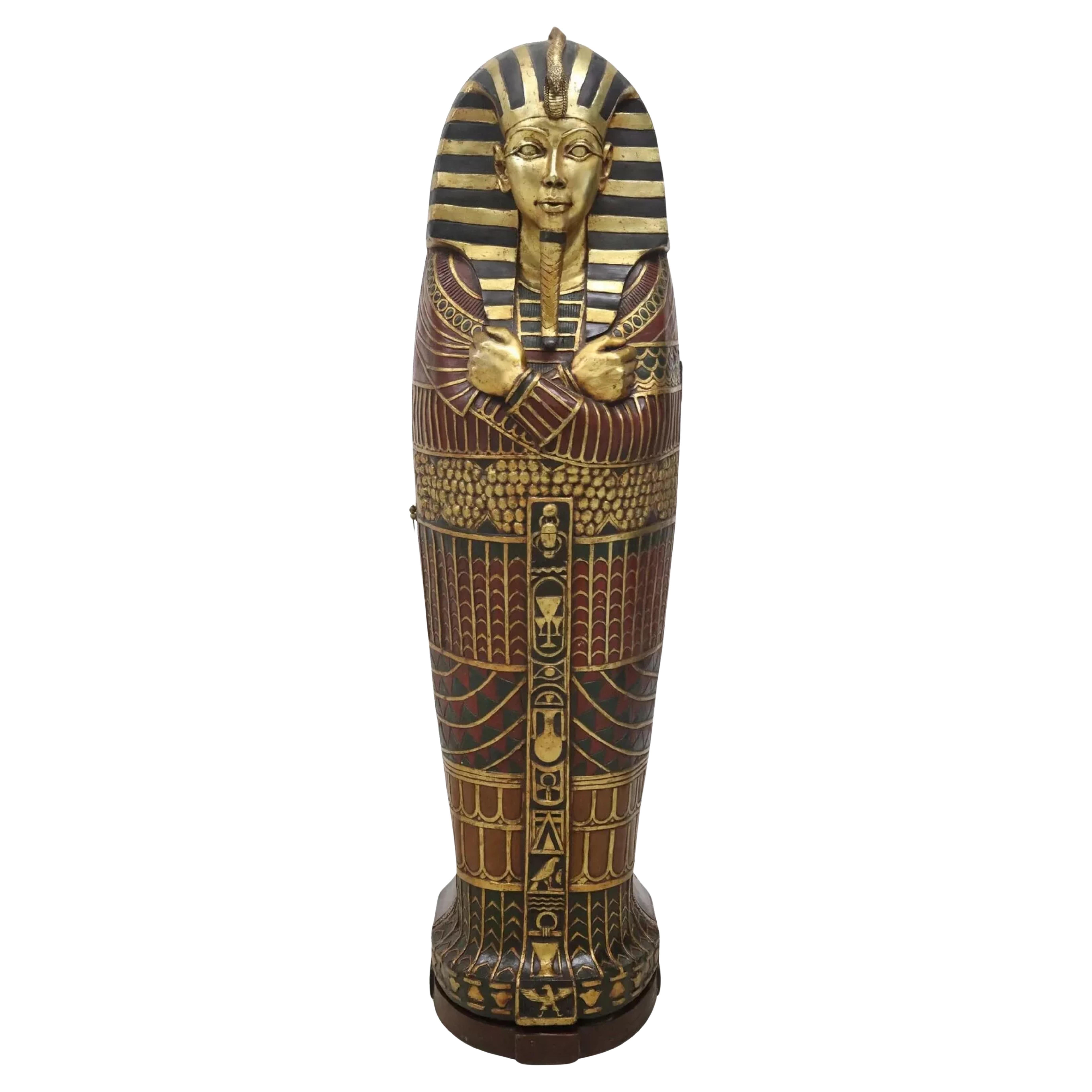 20th C., Vintage Egyptianesque King Tut Sarcophagus Form, Parcel Gilt Bookcase!