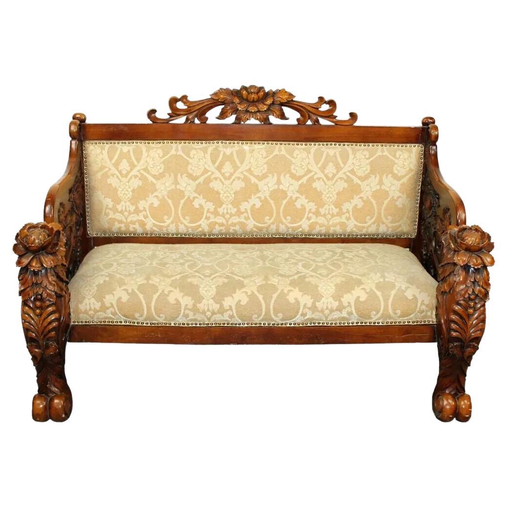 20th C. Vintage Floral, Carved, Mahogany, Neutral,  Relief Bench