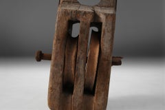 20th C. Vintage Large Double Wooden Pulley Block Industrial Maritime Nautical