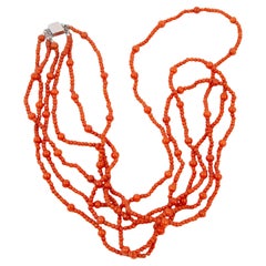 20th C Vintage Three Row Red Natural Coral Beaded Necklace