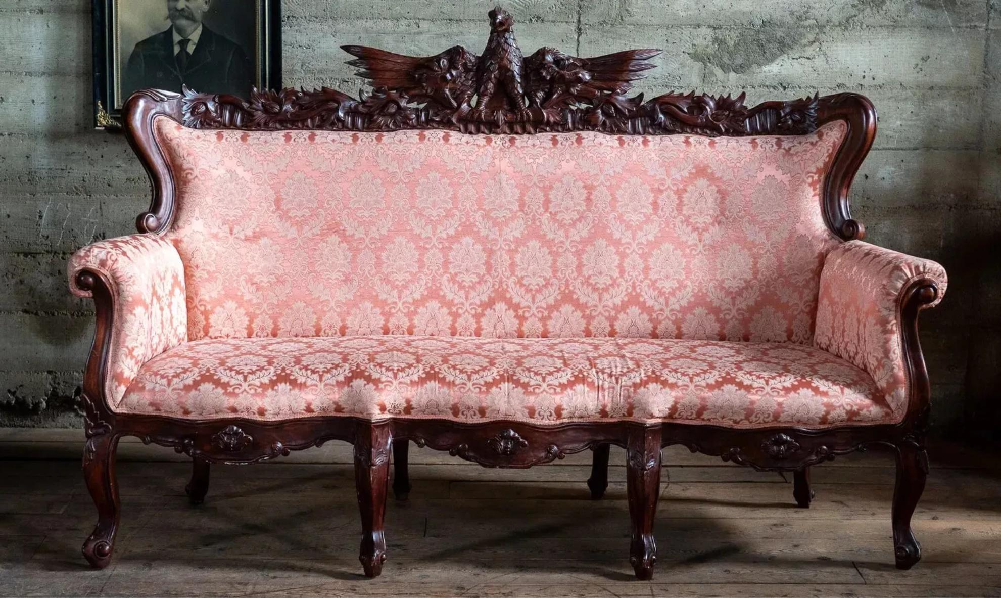 20th C, Vintage Victorian Style, Carved, Eagle, Pink, Sofa, Arm Chair,  Set of 3 3