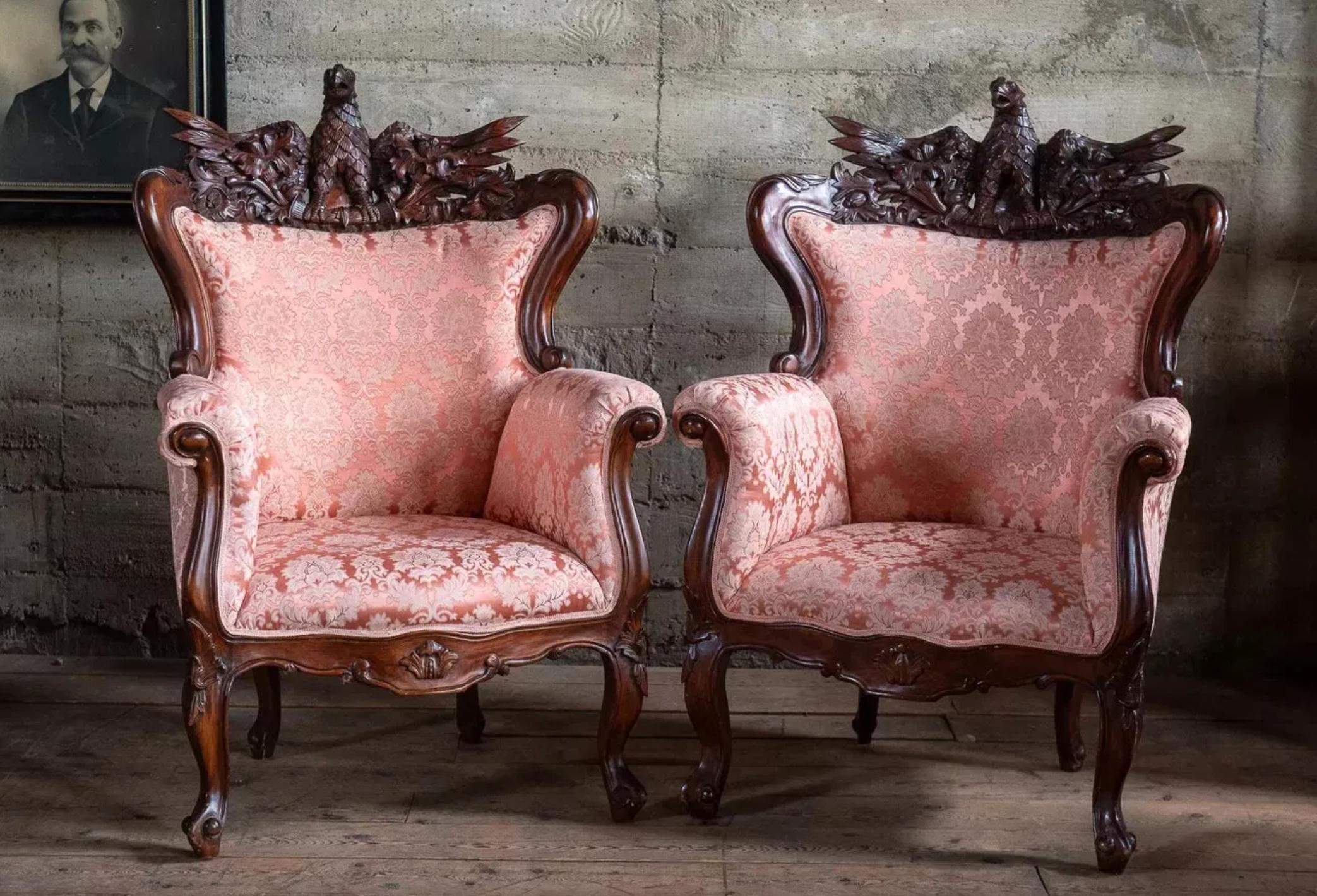 20th C, Vintage Victorian Style, Carved, Eagle, Pink, Sofa, Arm Chair,  Set of 3 5