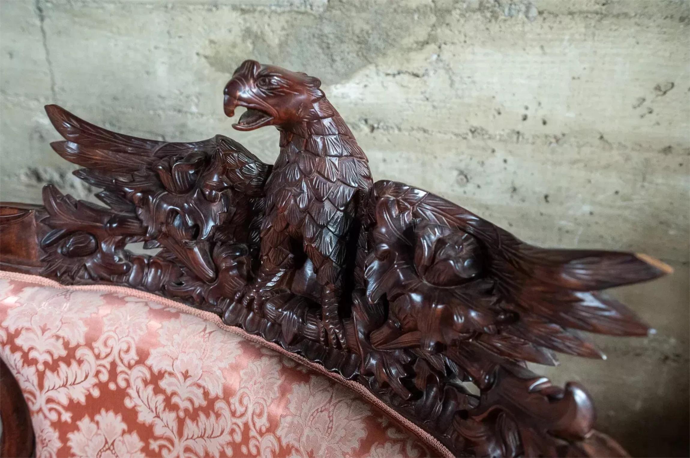 20th C, Vintage Victorian Style, Carved, Eagle, Pink, Sofa, Arm Chair,  Set of 3 9